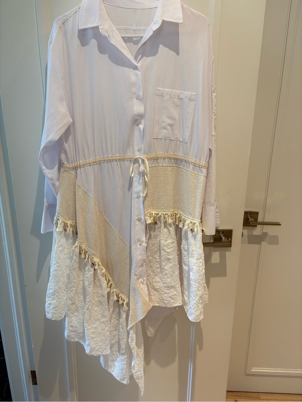 Women’s White & Cream Tiered Button-Up Shirt Dress